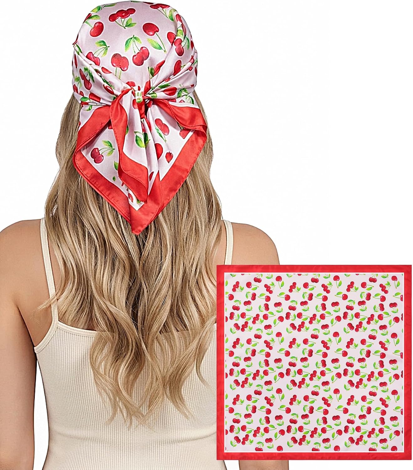 27.5" Cherry Head Scarf Silk Like Satin Bandana Purse Scarf
