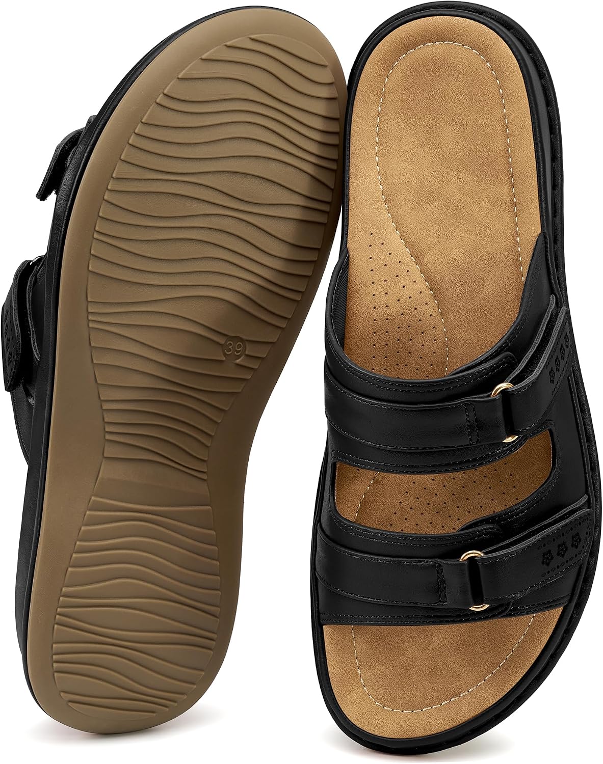 Aomigoct Casual Sandals for Women Summer: Comfortable Insole Arch Support Womens Slides - Adjustable Slip-On Walking Outdoor Shoes