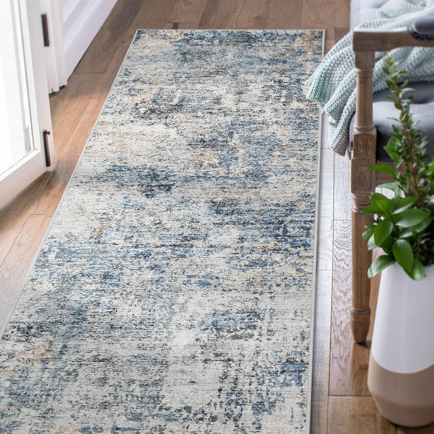 jinchan 3x8 Modern Abstract Washable Non-Slip Runner Rug, Blue