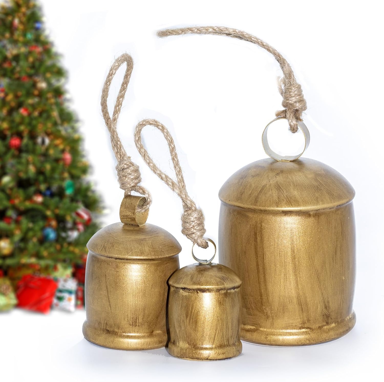 Shabby Chic Christmas Bell Set of 3, Vintage Gold Rustic Metal Harmony Cowbells with Jute Rope for Hanging, Farmhouse Decor for Door, Wall, Tree, Christmas, Thanksgiving & Crafts