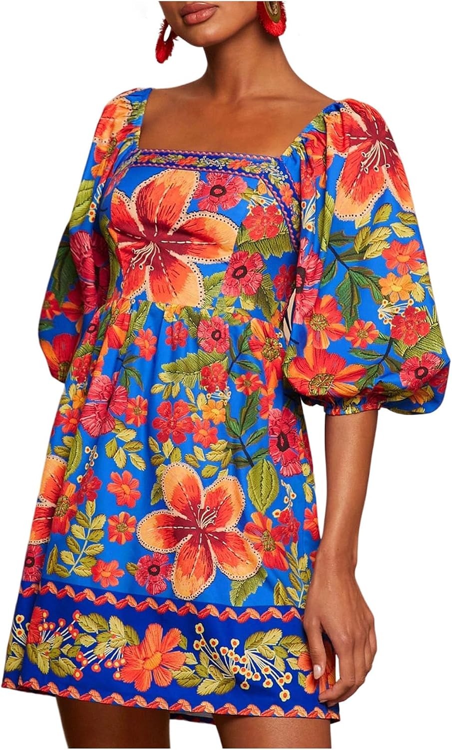 SOLY HUX Women's Floral Print Dress Square Neck Puff Sleeve A Line Short Boho Summer Dresses