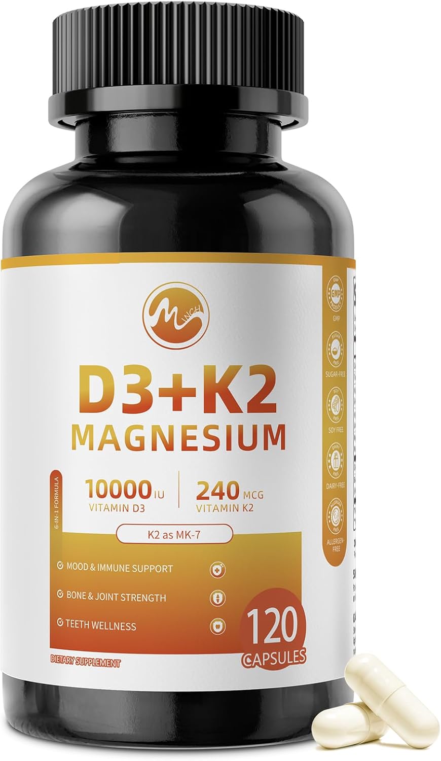M inch Vitamin D3 K2 with Magnesium, Vitamin D3 10000 IU, Vitamin K2 MK-7 240 mcg, 6-in-1 K2 D3 Vitamin Supplement for Bone, Immune & Mood Support, Highly Bioavailable, 120 Capsules