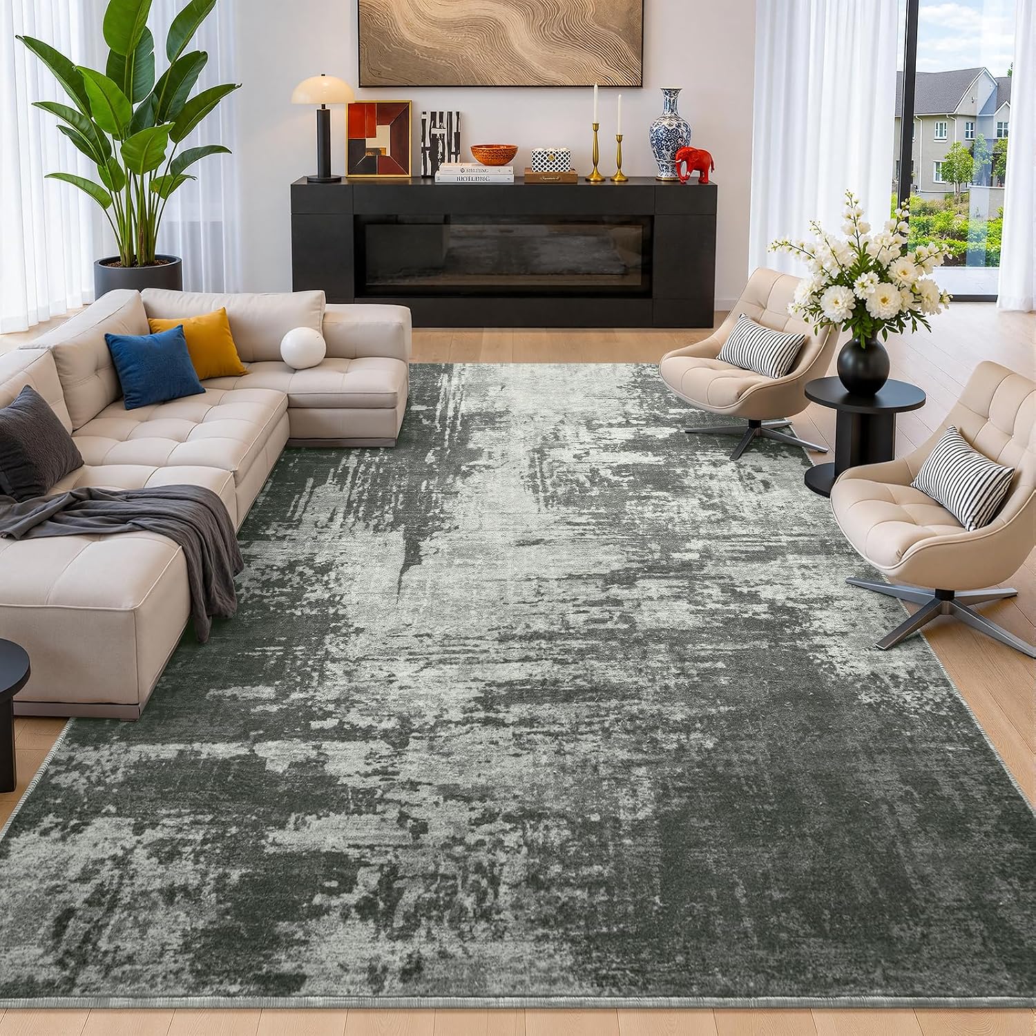 6x9 Grey Washable Area Rug Non-Slip Faux Wool Abstract Rug