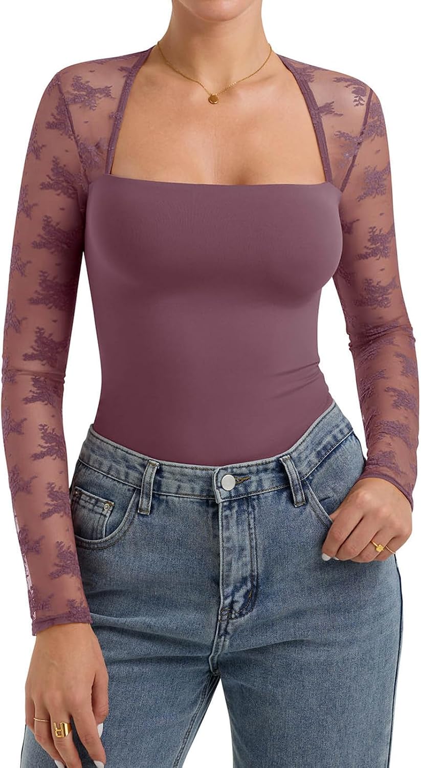 PINKMSTYLE Lace Tops for Women Cute Square Neck Double Lined Long Sleeve Fall Shirts Sheer Mesh Going Out Party Top Mauve Red Medium