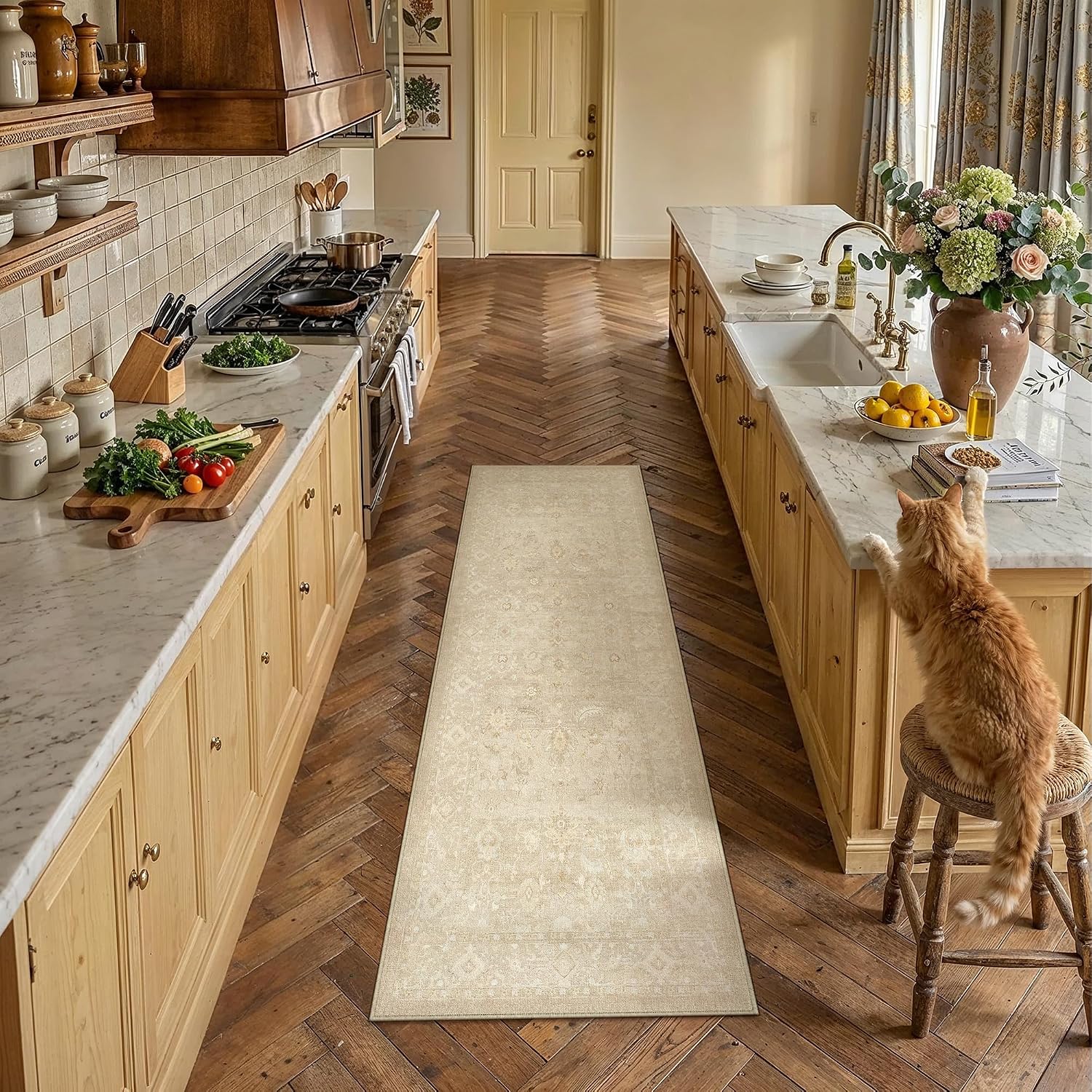 Beige Floral Runner Rugs