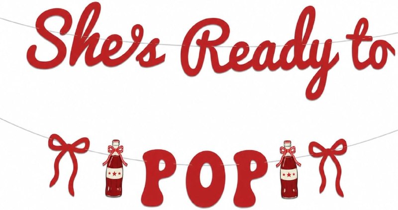She's Ready to Pop Banner - Pre-Strung About to Pop Baby Shower Decorations for Girl Boy, Soda Cola Theme Gender Reveal Party Garland Sign Bunting, Shiny Red Bows & Soda Bottle Photo Props