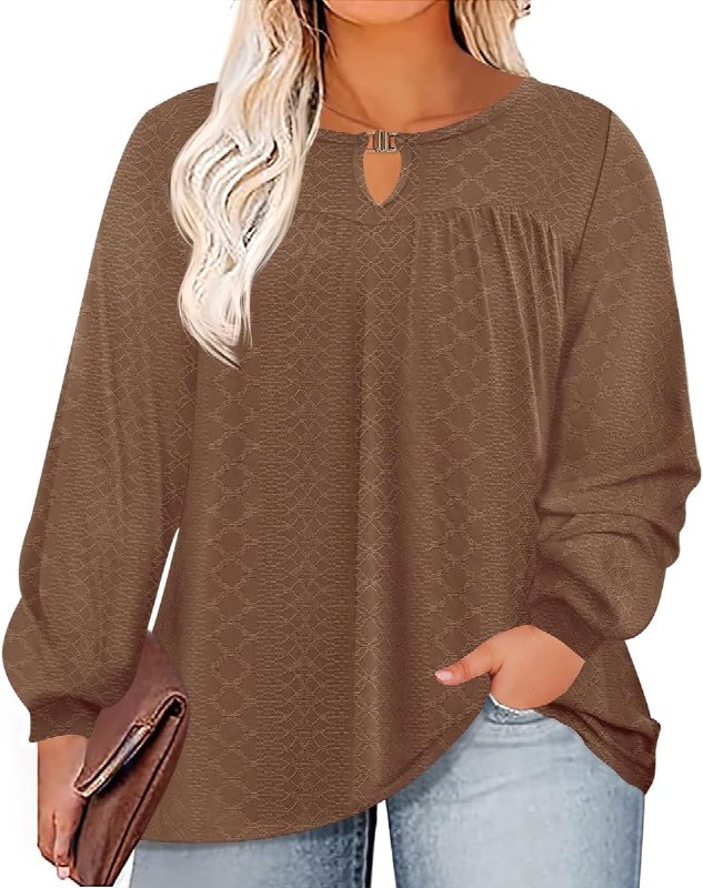 TFSDOD Women Plus Size Tops Long Sleeve Shirts V Neck Pleated Keyhole Blouse Loose Work Tunic Tee 1X-5X