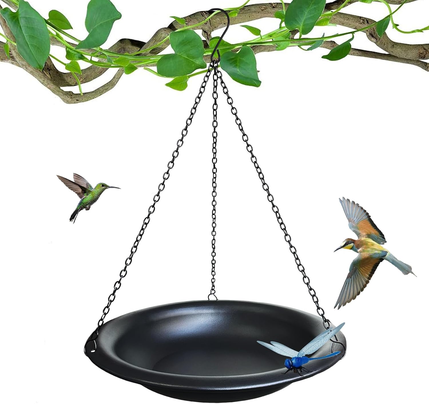 11.5 Inch Matte Black Metal Hanging Outdoor Bird Bath Bowl