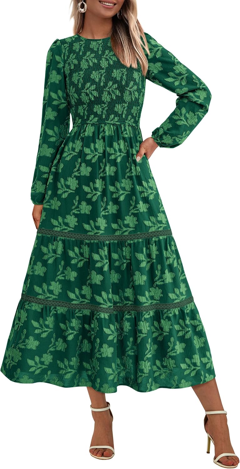 PRETTYGARDEN Women's Long Sleeve Boho Floral Midi Dress