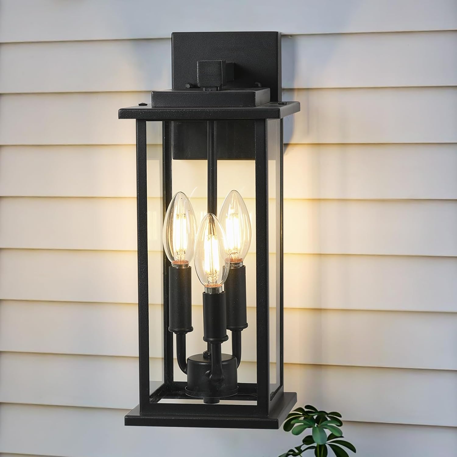 1-Pack 15" Outdoor Wall Lantern Candelabra 3-Light, Waterproof Exterior Wall Light Fixture with Clear Glass Front Porch Light Outdoor Wall Sconce, E12 Base Exterior Sconces for Garage