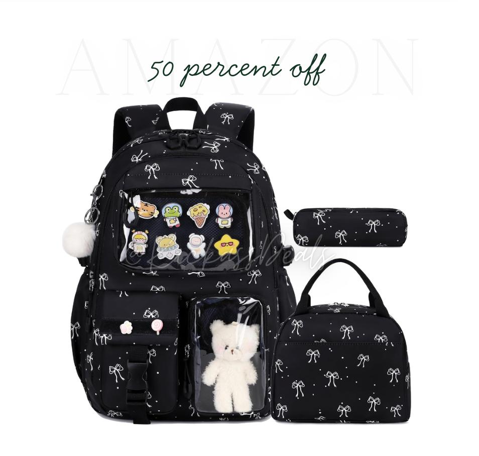 Kimwadalh Black Backpack with Lunch Bag & Pencil Case Set for Girls
