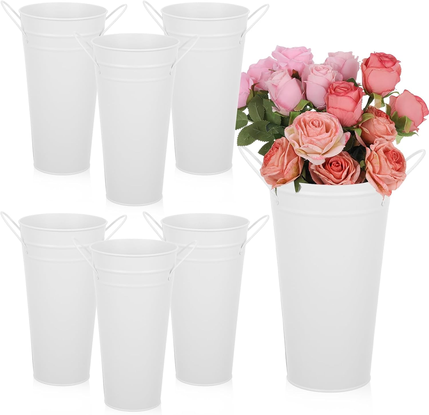 Metal Vases for Flowers, 6 Pcs White Galvanized Bucket Bar 10 Inch Flower Bucket and Metal Vase with Handles Farmhouse Vases for Wedding and Cut Flowers Balcony Garden