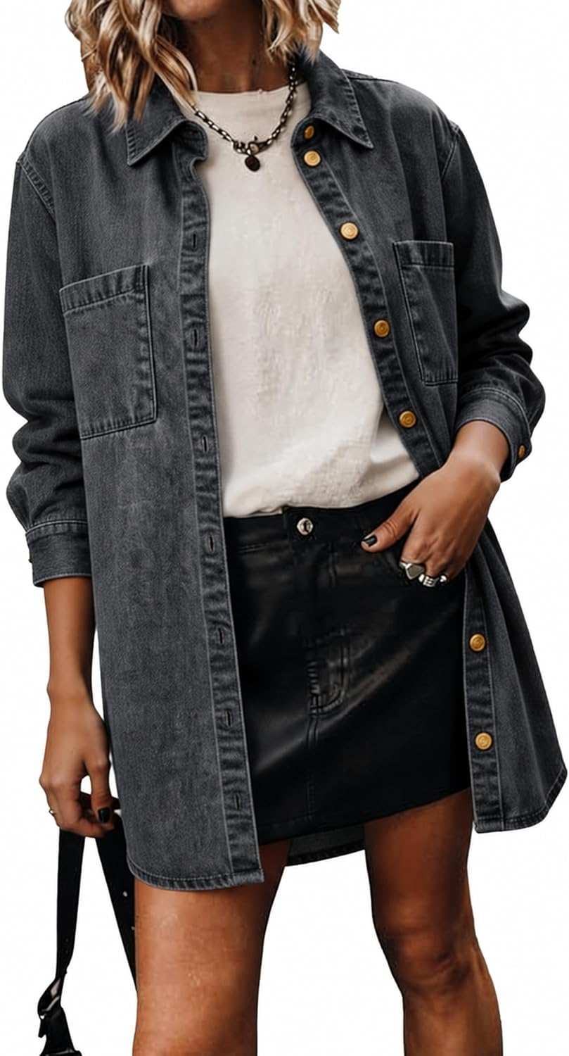 Fiona Jolin Womens Denim Jackets 2026 Casual Long Sleeve Button Down Jean Jackets with Pockets Vacation Loose Tops