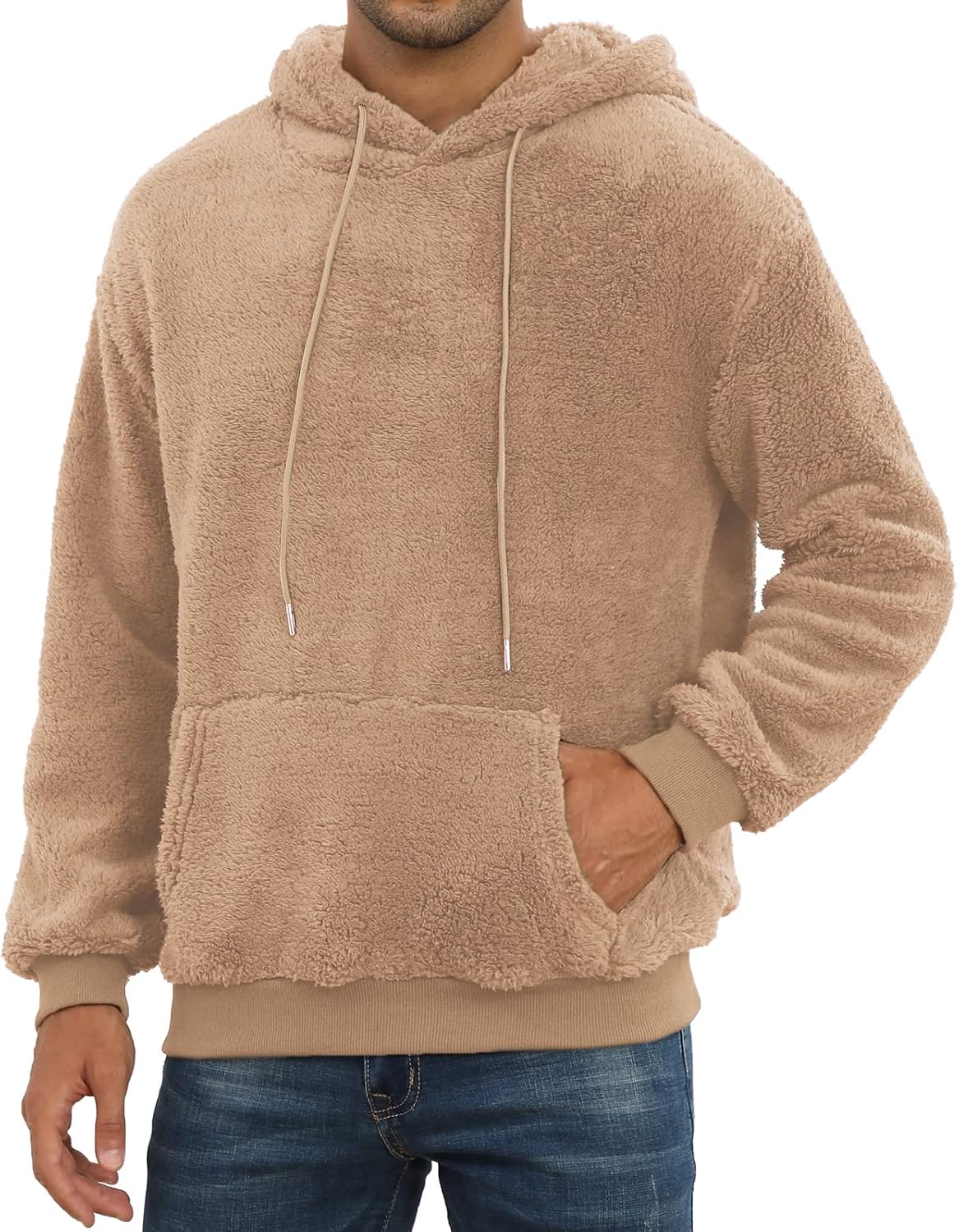Mens Fuzzy Sherpa Hoodie Pullover Sweatshirts Loose Cozy Pocket Long Sleeve Winter Hooded Outwear