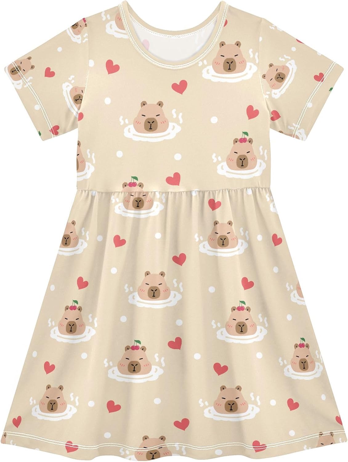 senya Summer Girl Dresses Cute Capybara with Leaves Toddler Short Sleeve A-line Dress Casual Sundress