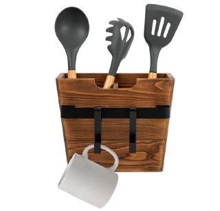 PR!CE DROP ( ) Vintage Brown Wood Wall Mounted Kitchen Tool Holder Cooking Utensils Metal Towel Bar Side Hanging Hooks Dual Compartments Freestanding Rustic Wooden Rack Dishcloth Spatula Serving Spoon Knife