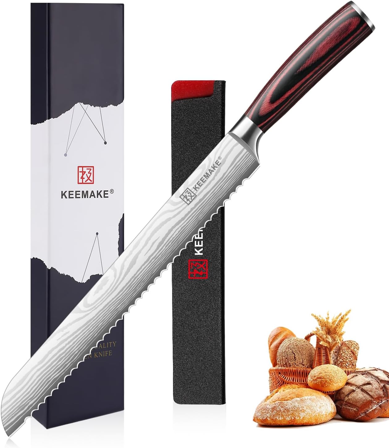 KEEMAKE 10 Inch Bread Knife for Homemade Bread - Ultra Sharp for Serrated Sourdough, Crusty Artisan Loaves, Bagels & Cake, High Carbon Stainless Steel Slicing Knife with Cover & Dad Gift Box