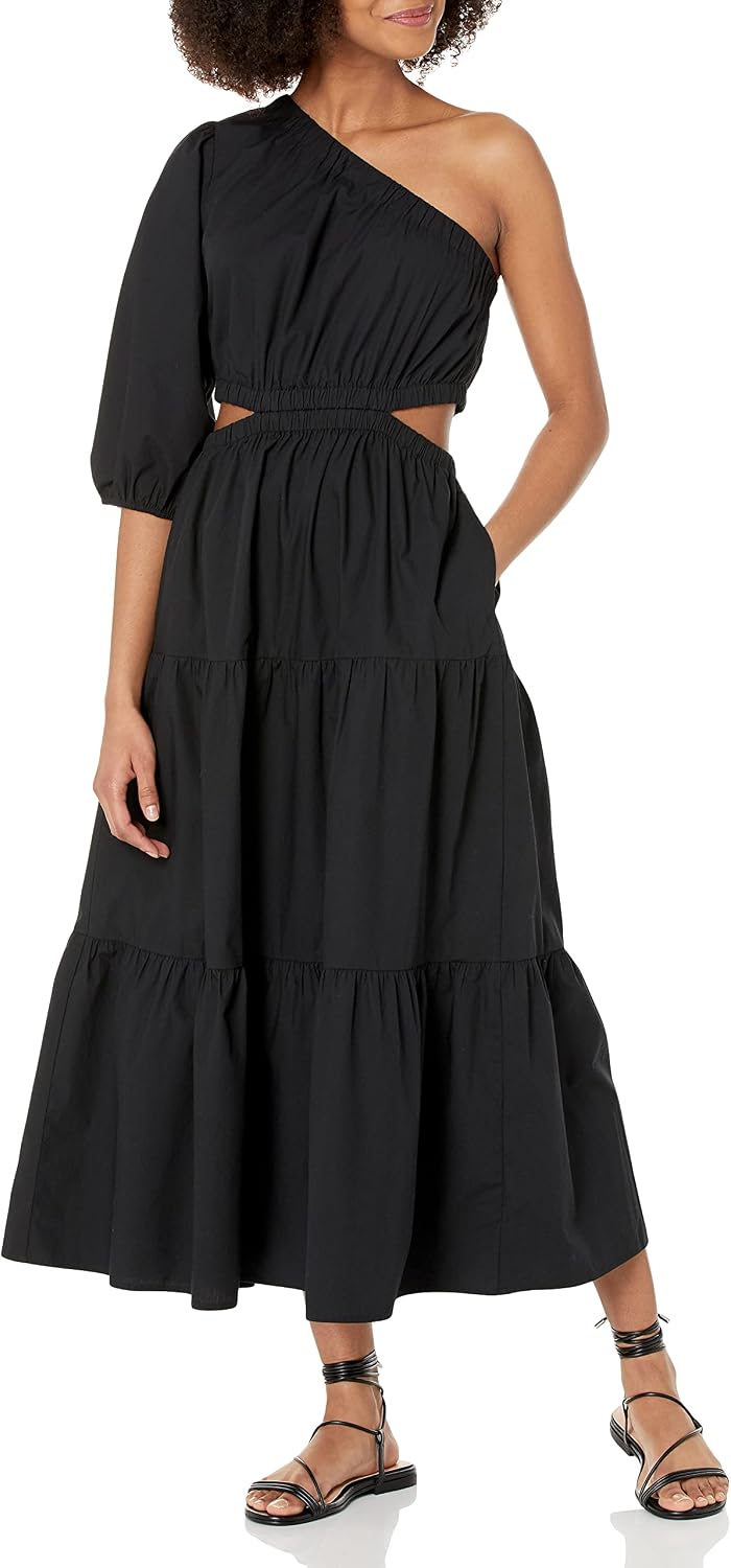 The Drop Womens April One Shoulder Cut-Out Tiered Midi Dress