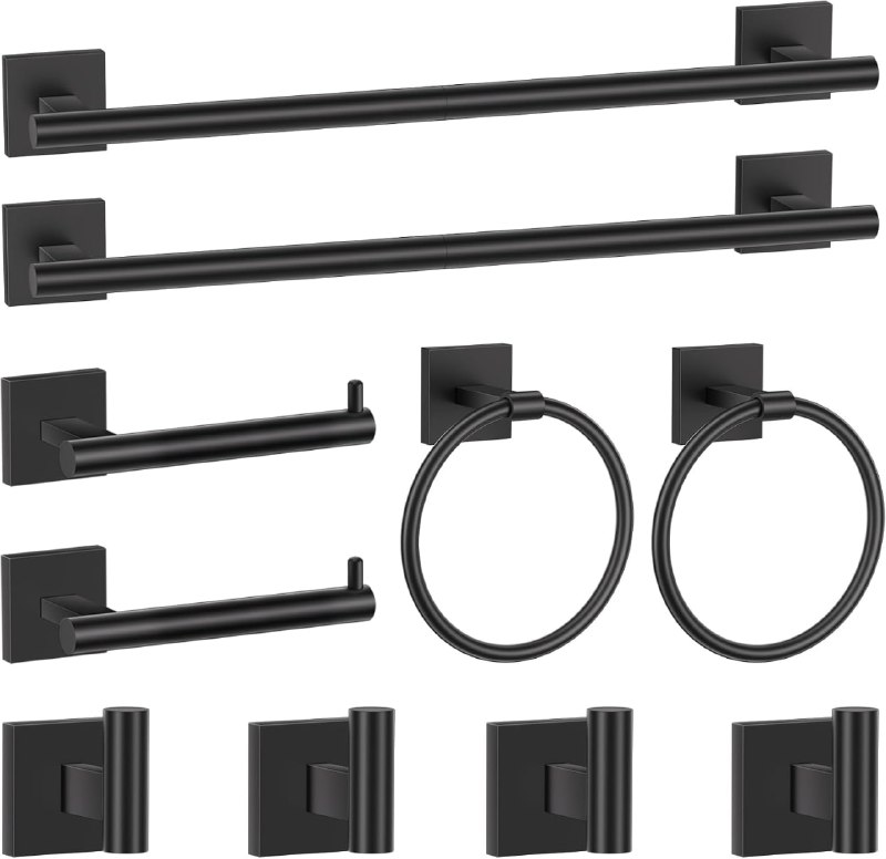 PR!CE DROP ( ) Matte Black Bathroom Hardware Accessories Towel Bar Set, 10 Pieces Bathroom Towel Bar Holder Set, 23.6 Inch Stainless Steel Toilet Paper Holder Towel Racks for Bathroom Wall Mounted