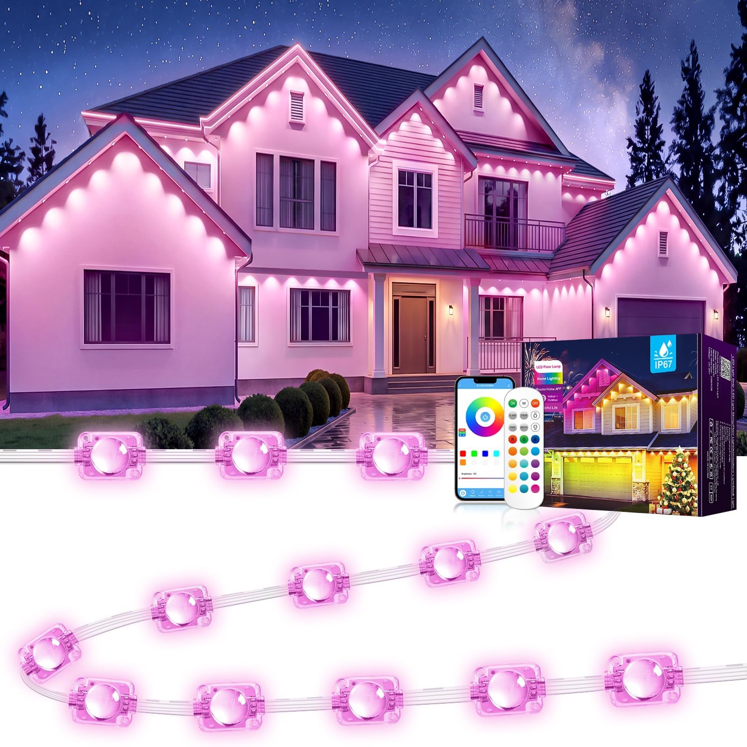 MUCCCUTE Permanent Outdoor Lights for Holidays Easter 100ft RGB House Light w/App & Remote Control Smart Rainbow LED IP67 Waterproof for New Year Christmas Roof Eaves Garden Décor All Year Around
