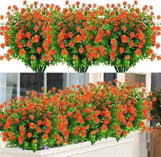 PR!CE DROP UNDER 10 ( ) 12 Bundles Outdoor Artificial Flowers UV Resistant Fake Boxwood Plants, Faux Greenery for Indoor Outside Hanging Plants Garden Porch Window Box Home Wedding Farmhouse Décor (Orange Red)