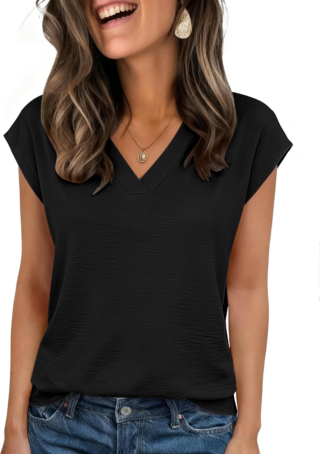 Zeagoo Black V Neck Blouses