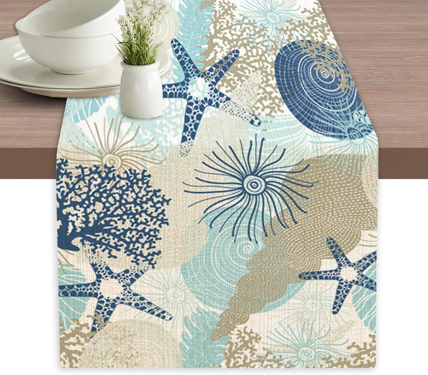 Ocean Coral Shells Algae Reefs Table Runner Linen Long Farmhouse Rustic TableRunner for Party Holiday Dining Room /Kitchen,13 x 70 Inches