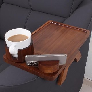 PR!CE DROP ( ) Couch Arm Tray Table with Oversized Cup Holder & Adjustable Phone Stand – Foldable Acacia Wood Sofa Armrest Clip Table for Wide Couches, Recliners, and Living Room Use
