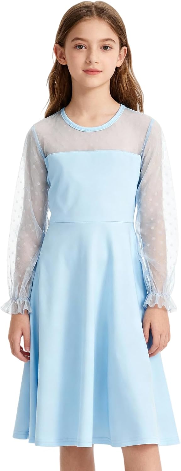 Girl's Contrast Mesh Puff Long Sleeve High Waist A Line Short Dress for Party School Day Birthday 5-14 Years