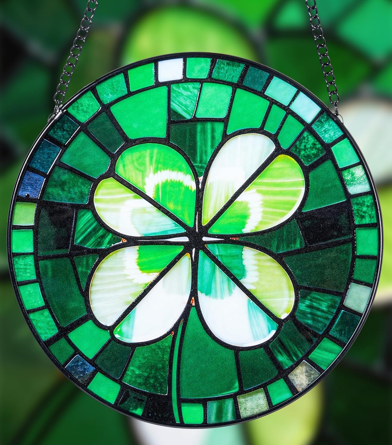 Stained Glass Window Hanging, Green Four Leaf Clover Suncatcher 7.8 in Sun Catcher Boho Wall Art Decor with Chain Diamond Glass Panel Hangings Scenery Sun Catchers Decor for Lover Couple Mom