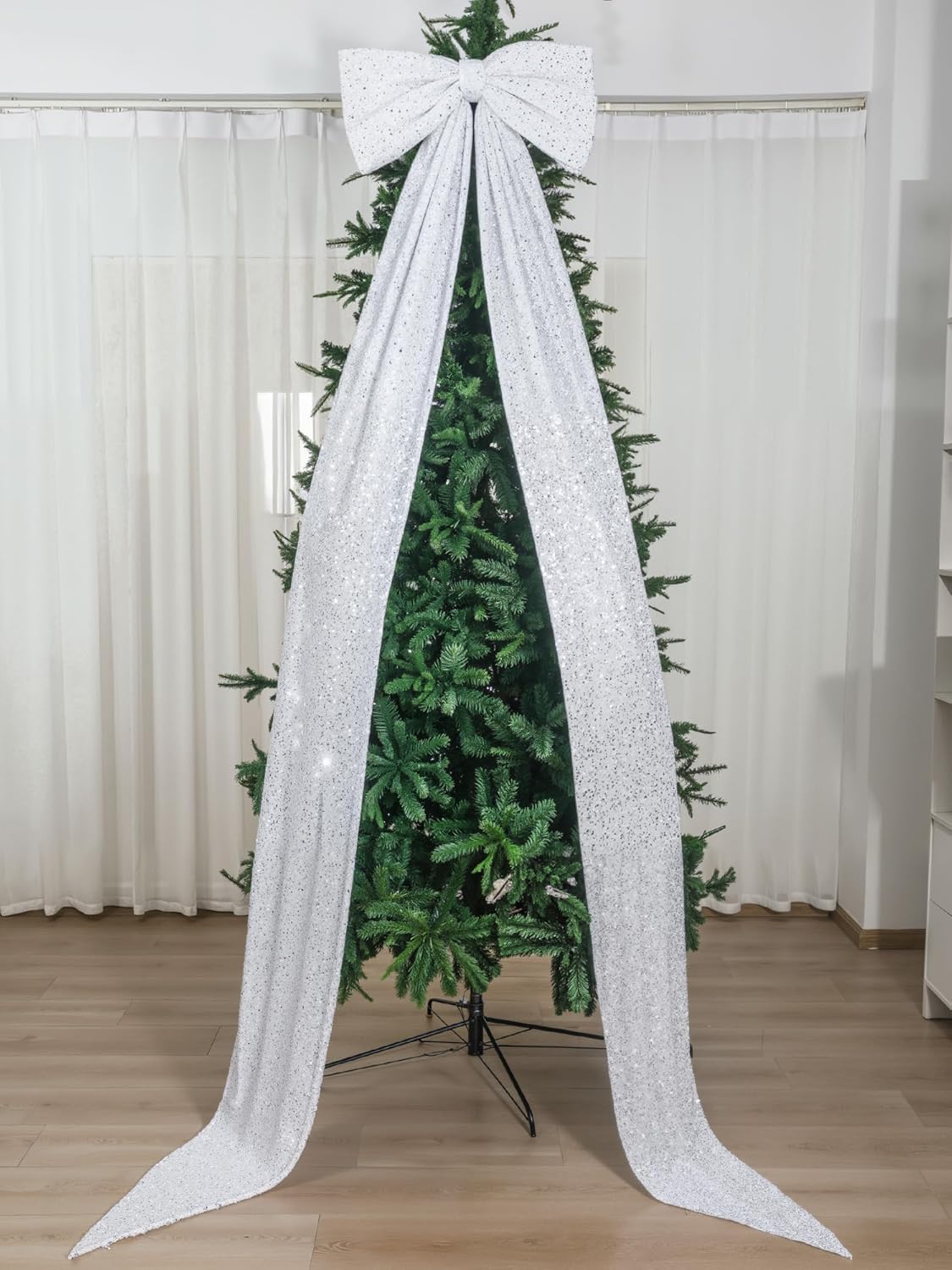 Knitgrip Big Bow Decor 118x28 Inch Christmas Velvet Sequin Bow, White