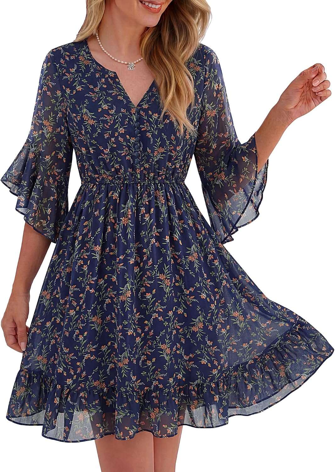 Lotusmile Womens Dressy Chiffon Dress Summer Flowy 3/4 Sleeve Ruffle Hem Elastic Waist A-line Casual Elegant Dresses