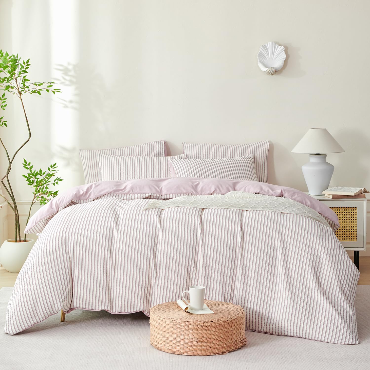 Light Purple Striped Comforter Set King - 3 Pieces Bedding Comforter Set for All Season, Soft Lightweight Washed Microfiber, 1 Striped Comforter and 2 Pillowcases (Light Purple, King Size)
