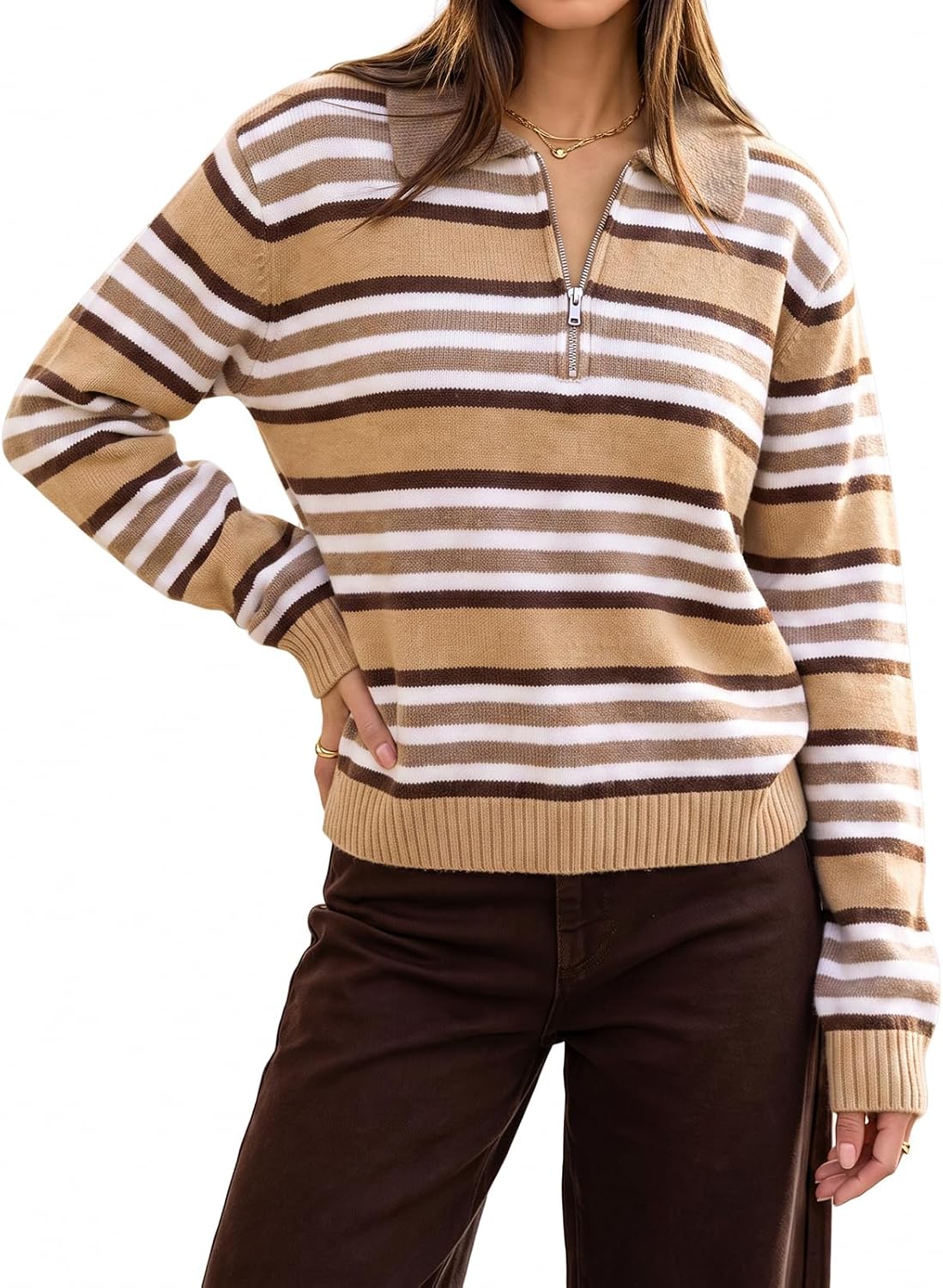 Fisoew Striped Quarter Zip Sweaters