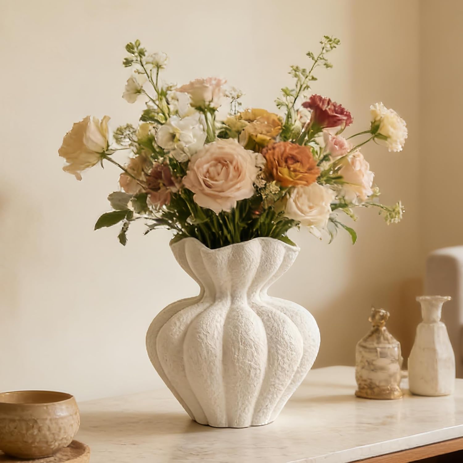 DecoVlog White Ceramic Vase, 8.2 Inch Modern Boho White Flower Vase for Home Decor, Unique Vase for Farmhouse Living Room Cabinet Table Centerpieces Wedding Decorations