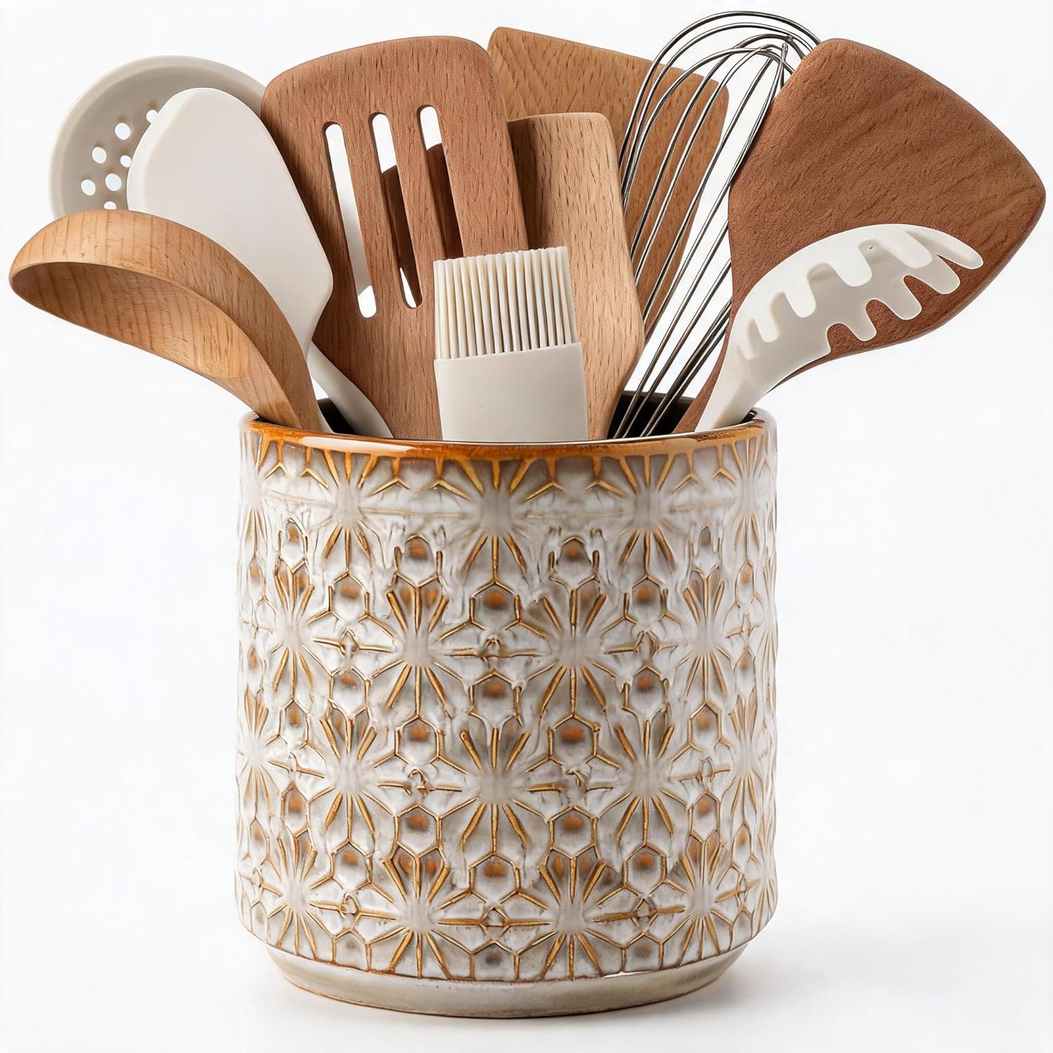 Utensil Holder Utensil Crock Rustic Embossed Ceramic Kitchen Utensil Holder – Farmhouse Decorative Countertop Organizer for Cooking Tools, Flowers, Coffee Pods, 5.3”x5.3” Vintage Beige