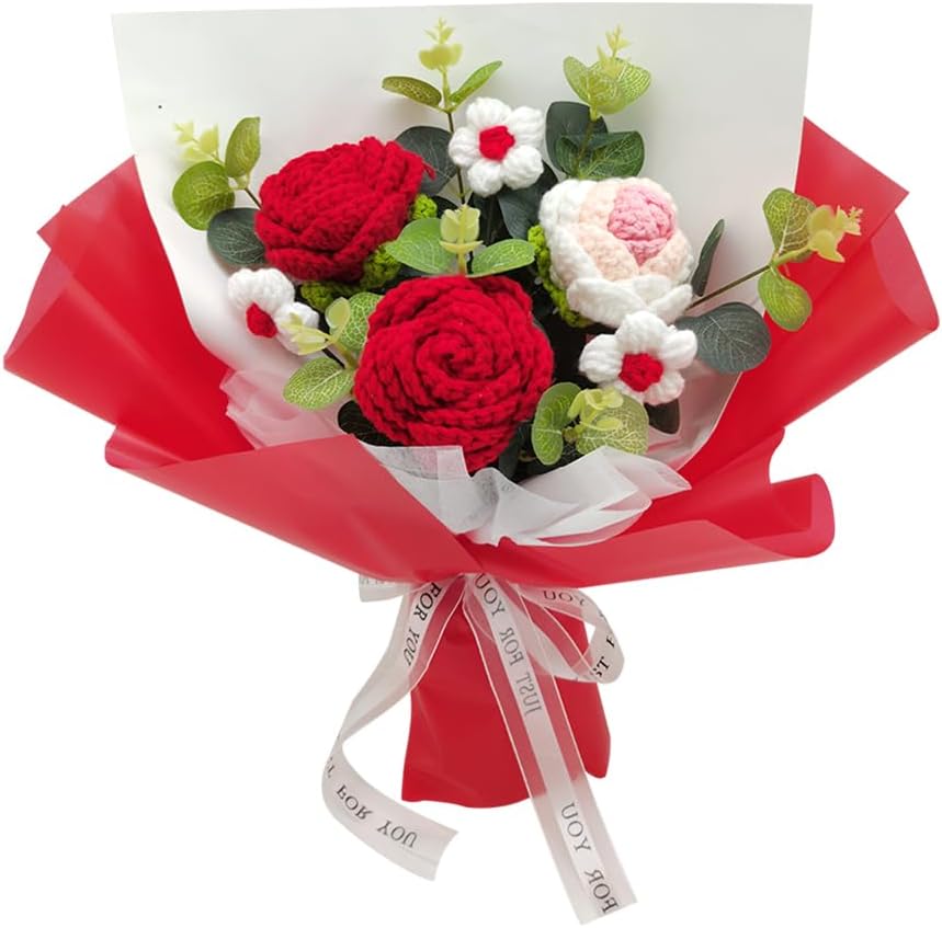 Completed Crochet Rose Flowers Bouquet: Handmade Knitted Bouquet for Mother's Day Birthday Home Decor Girlfriend (Red)