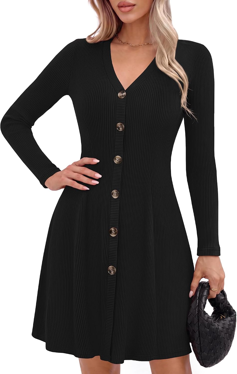 GRACE KARIN 2026 Women's V-Neck Ribbed Knit A-Line Mini Fall Sweater Dress