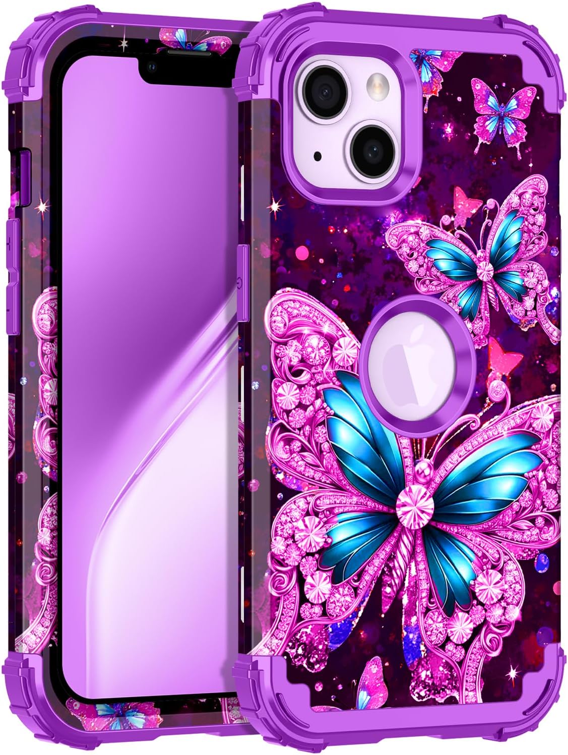 Rancase for iPhone 14/iPhone 13 Case,Three Layer Heavy Duty Shockproof Protection Hard Plastic Bumper +Soft Silicone Rubber Protective Case for Apple iPhone 14/13 6.1 inch,Glow in The Dark-Blue Purple