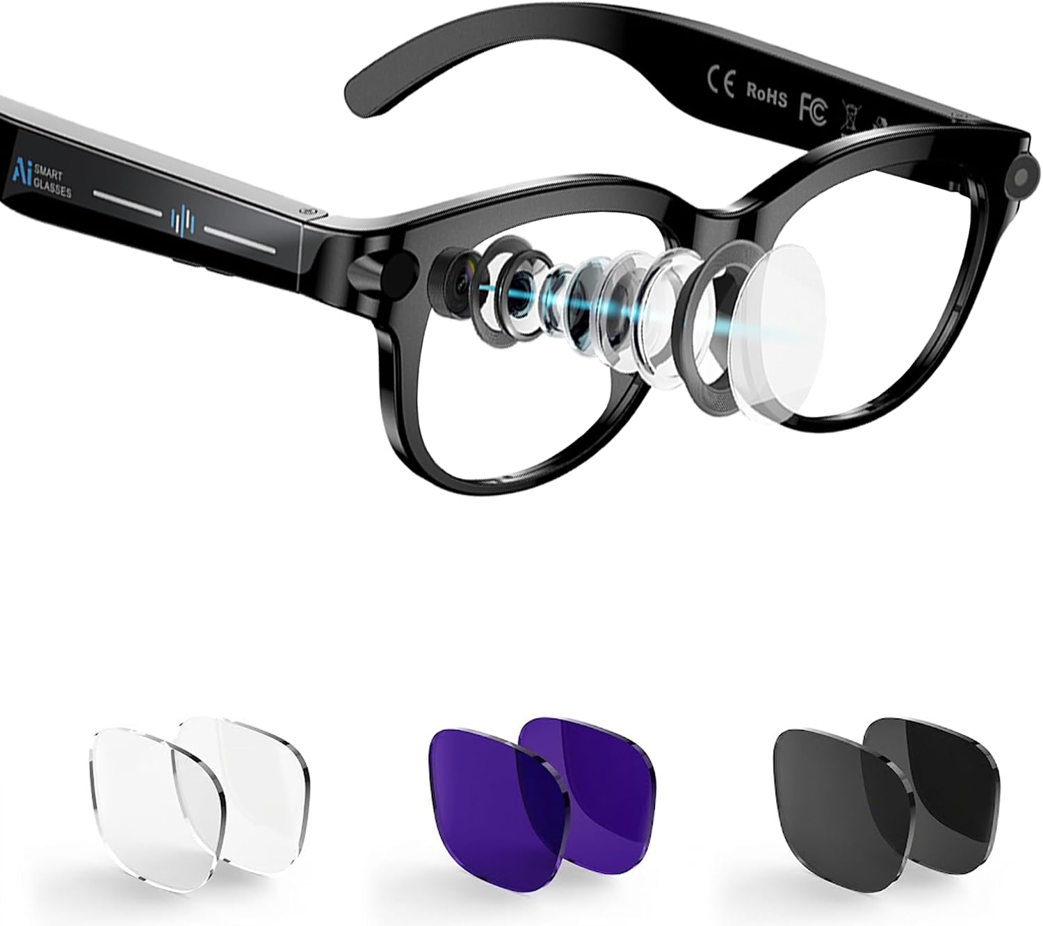 26.00 OFF Fecoul AI Smart Glasses with Camera, POV Vlog, Translator & 3 Lenses