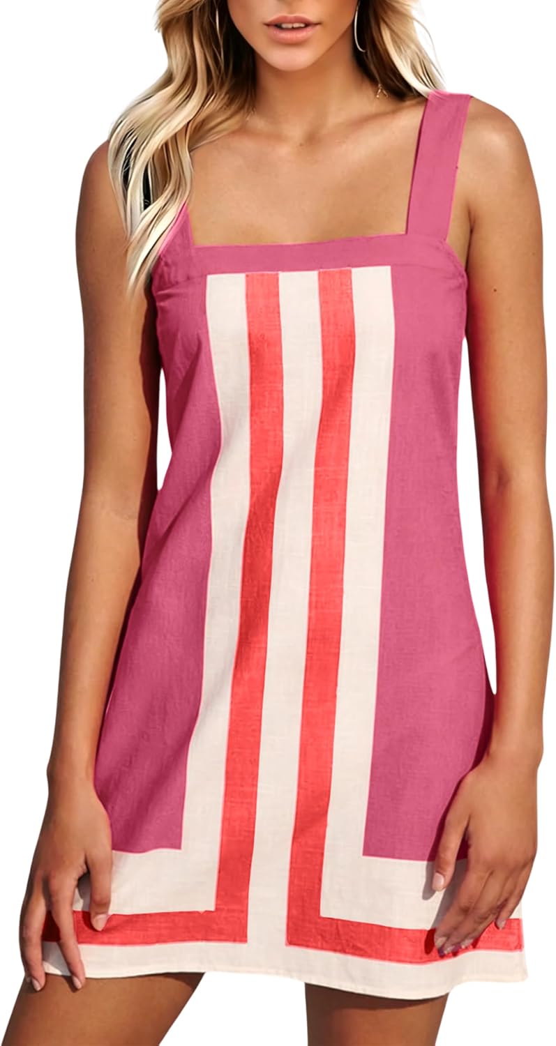 Fiona Jolin Women's Striped Mini Dress Boho Shoulder Strap Sundress Summer Cover Up Dress for Beach