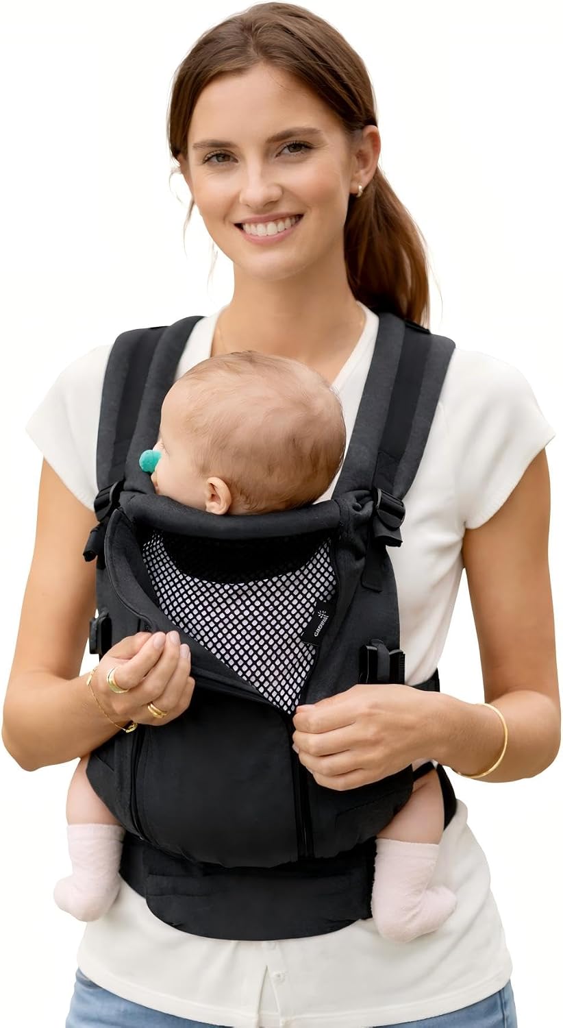 GROWNSY Baby Carrier Newborn to Toddler 7-44lbs, All Season Design with Adjustable Mesh Panel, Ergonomic Baby Carriers, Enhanced Lumbar Support, Hands-Free Parenting (Black)