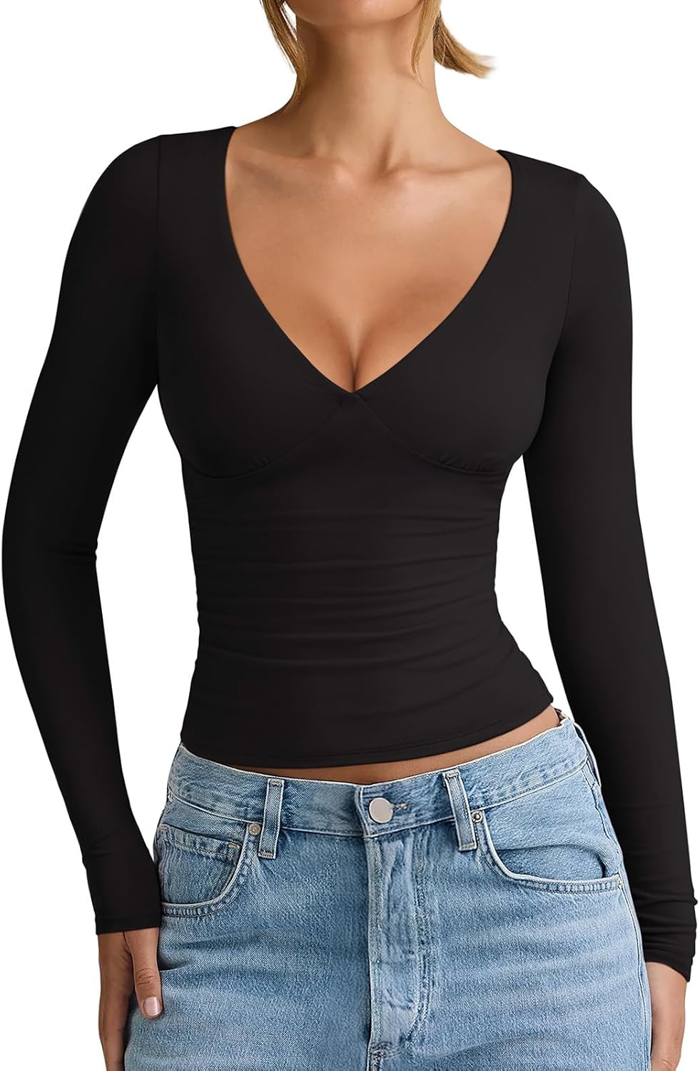 10.00 OFF REORIA Womens Long Sleeve Shirts Deep V Neck 2026 Fall Casual Slim Fit Tops