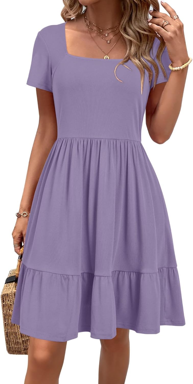 Newshows Women's 2026 Summer Casual Square Neck Ruffle A Line Beach Vacation Sundress Work Business Dress with Pockets