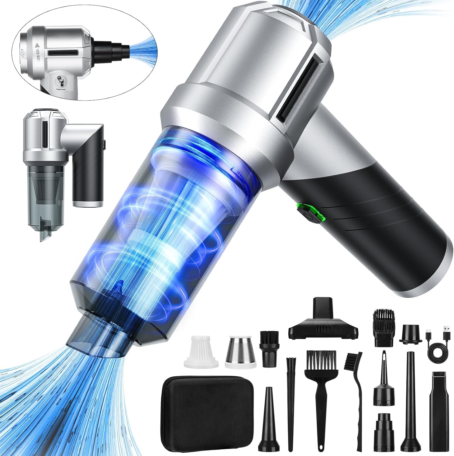 CHUMPOSH Handheld Car Vacuum Portable Cordless with 18000PA Super Suction, 4 in 1 Portable Air Blower/Car Vacuum 90 Foldable Rechargeable Brushless Motor, Gifts for Men for Home, PC