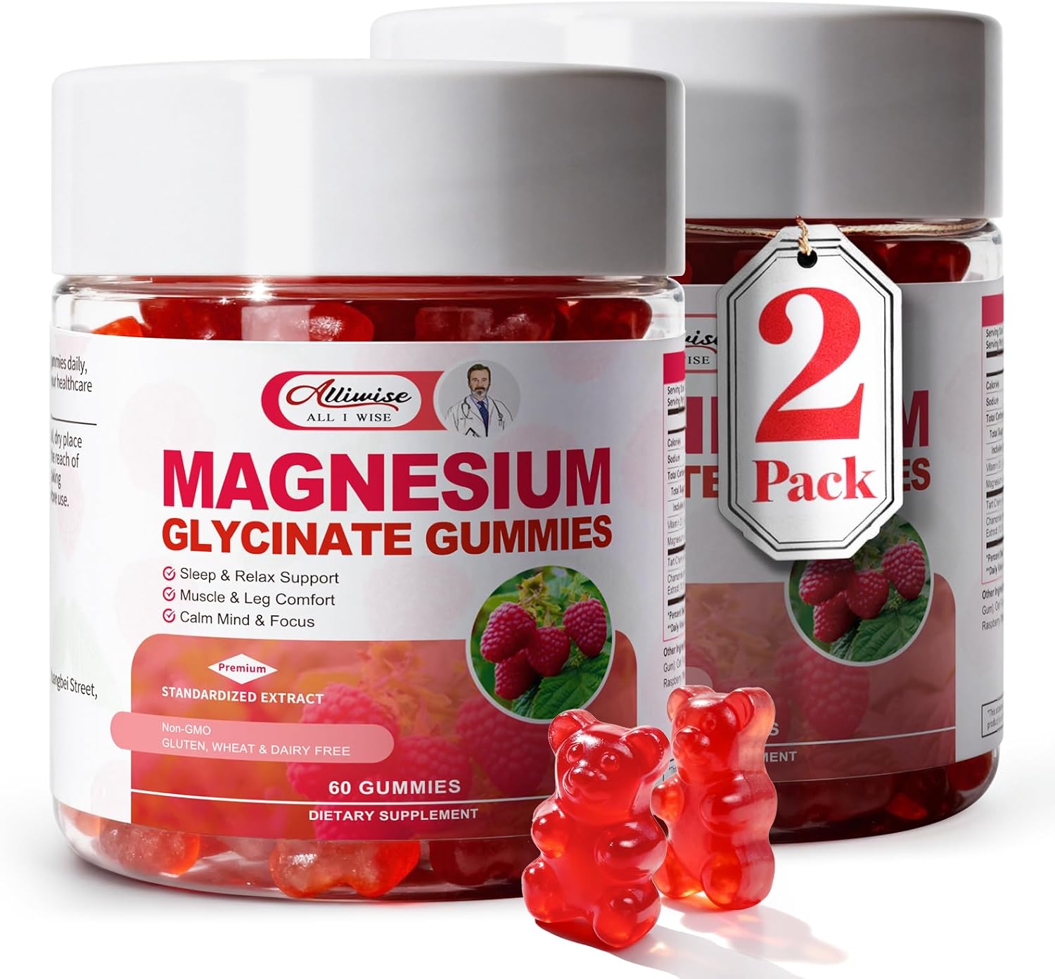 2pack Magnesium Glycinate Gummies 600mg for Sleep & Calm, Sugar Free Magnesium Gummies for Adults with Vitamin D3, Tart Cherry & Chamomile,Clump-Resistant Formula, Third-Party Tested, 120 Count