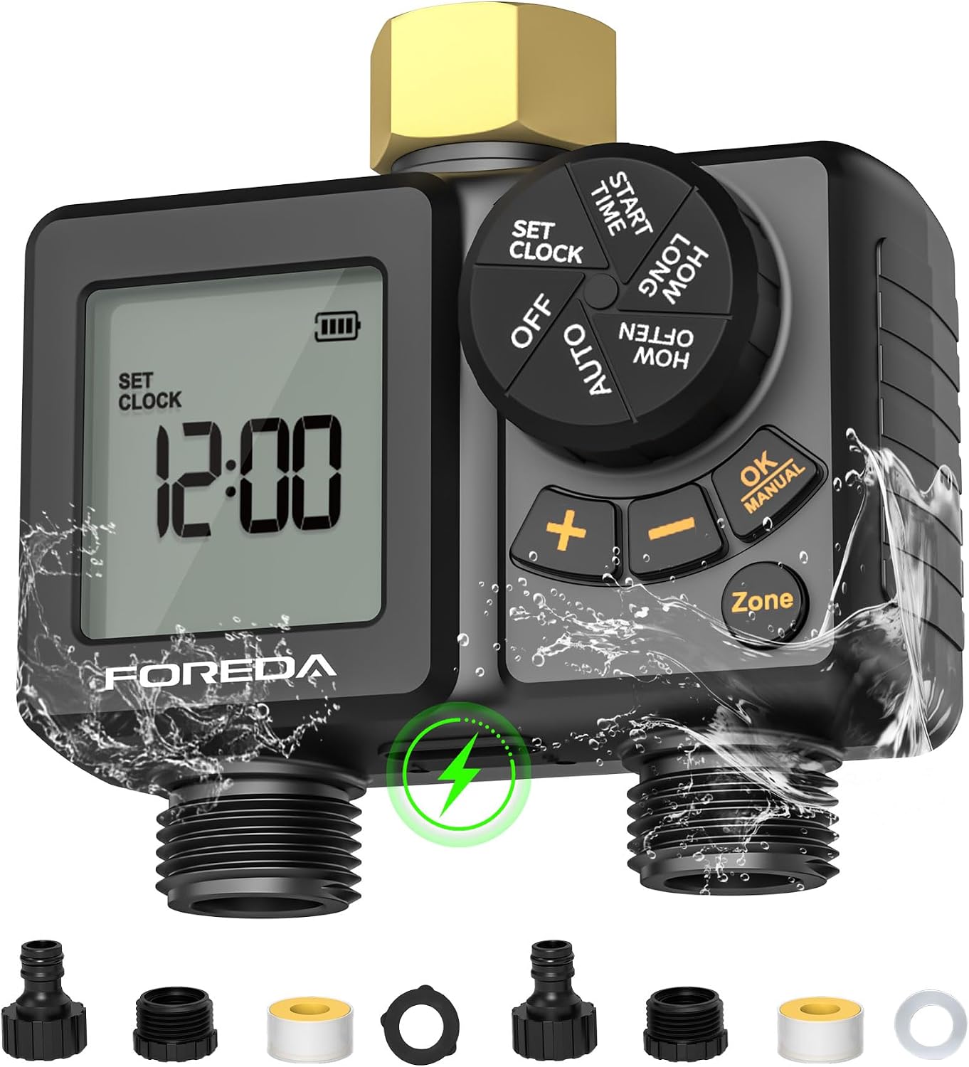 FOREDA Rechargeable 2 Zone Water Timer, Sprinkler Timers for Garden Hose