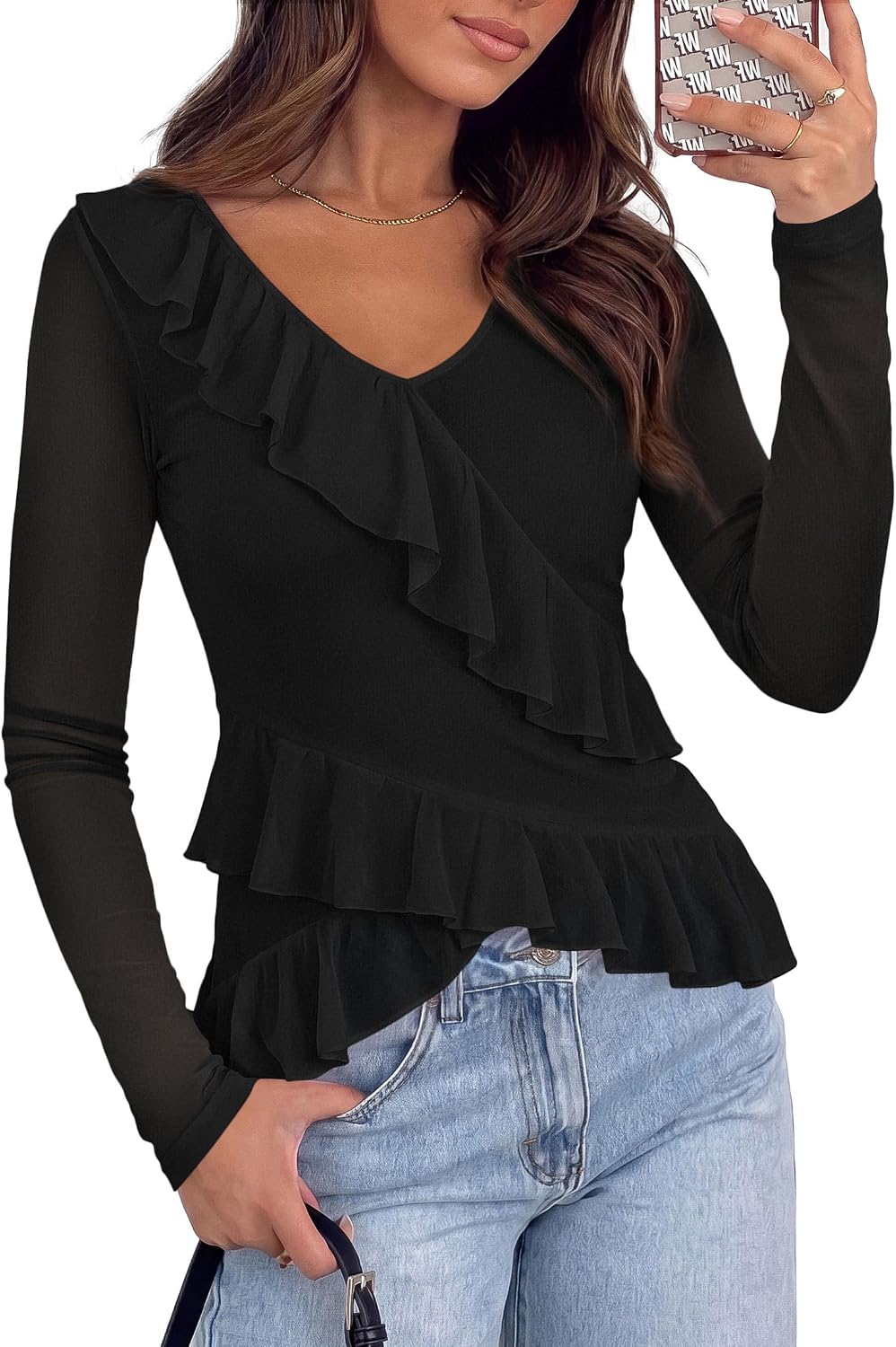 Okiwam Long Sleeve Ruffle Mesh Tops