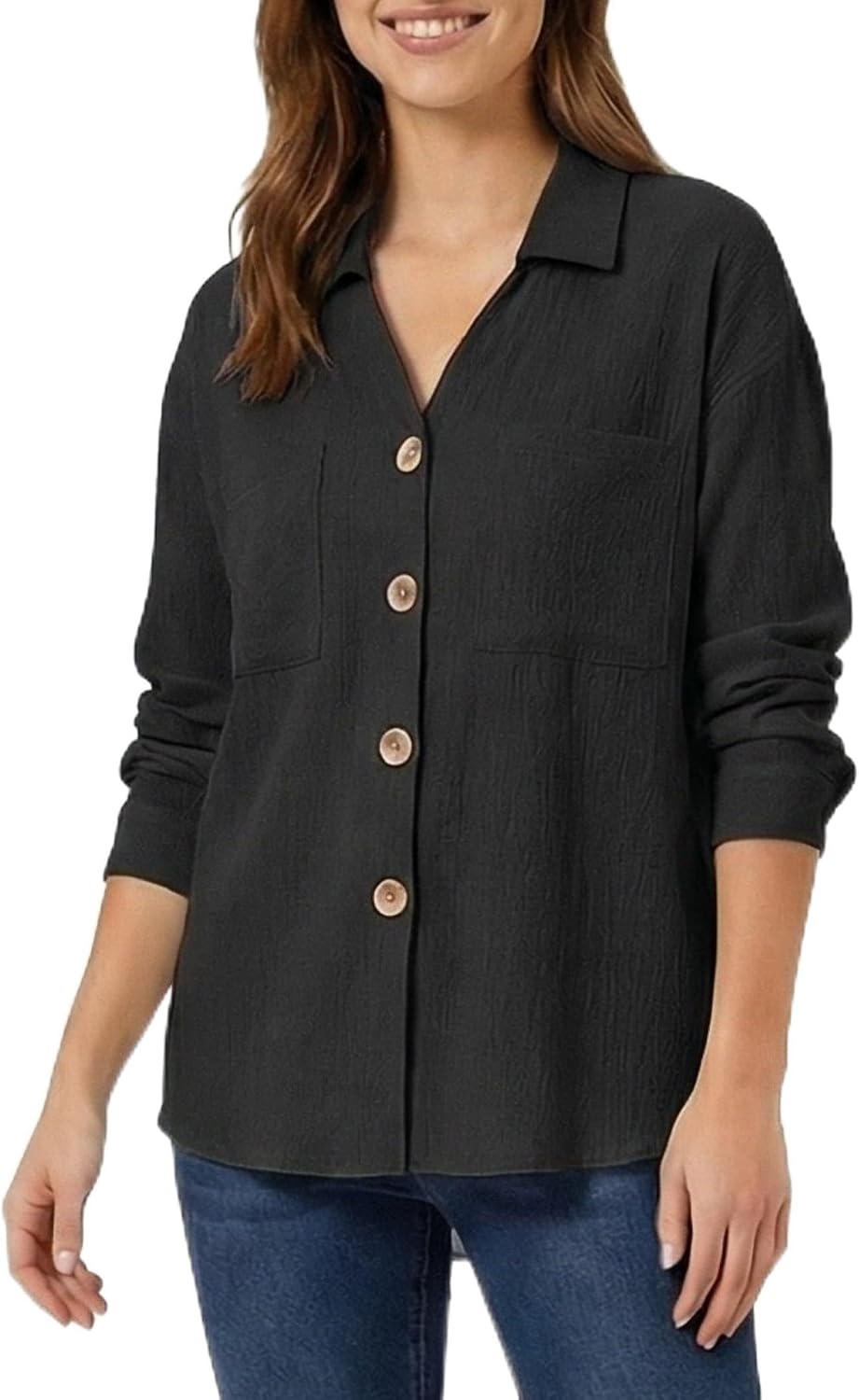 GAMISS Womens Button Down Shirts Long Sleeve Shirts Boyfriend Blouses Casual Shirts V Neck Tops Black, M