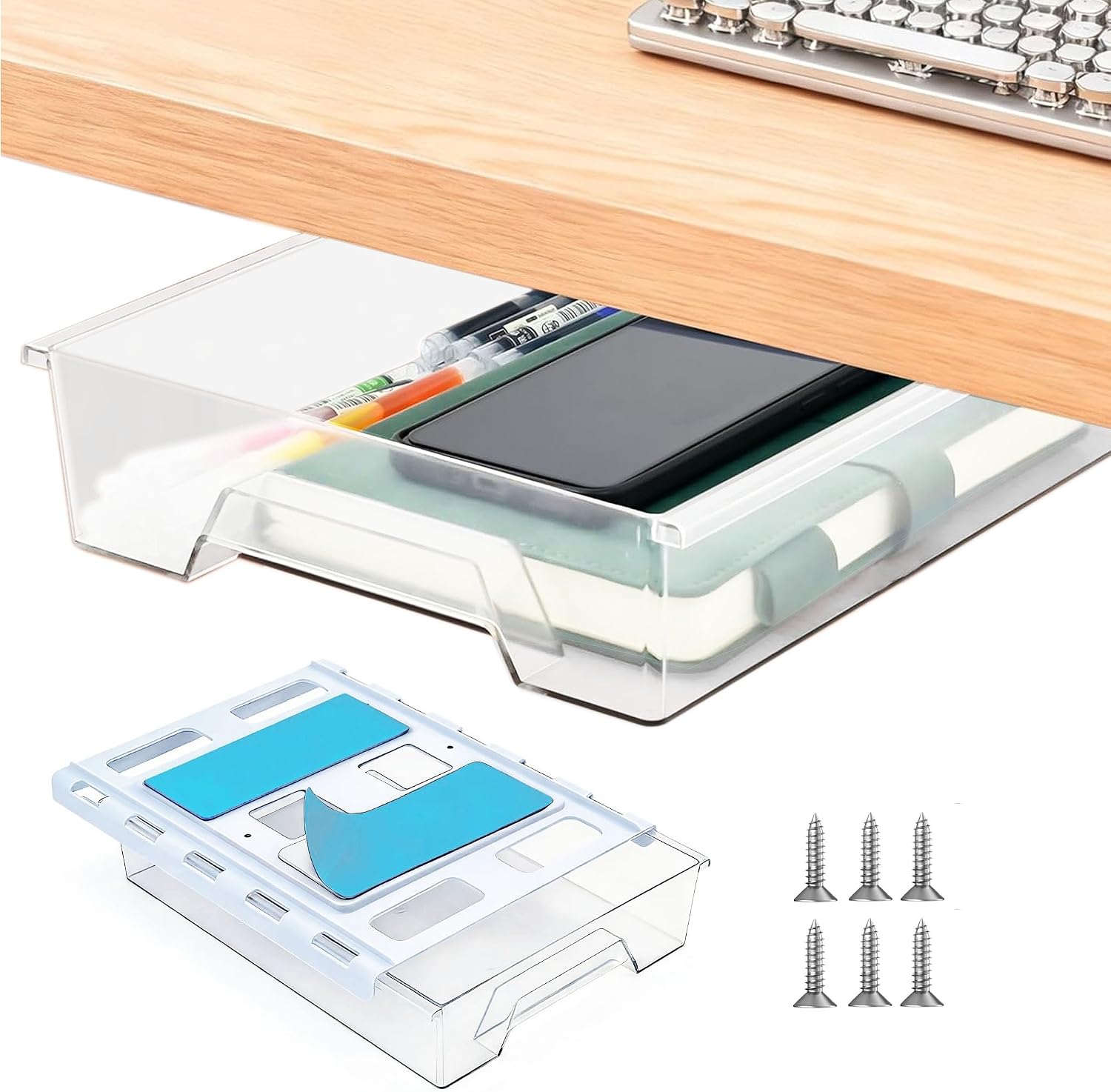 10.91"x 8.23" Under Desk Drawer Storage Organizer, Durable PC Material Self-Adhesive with Slide Out Rail, Hidden Hanging Desk Drawer for Office Supplies, Stationery, No Drilling Install, Clear